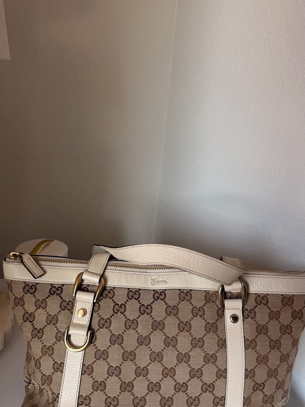 Gucci Abbey GG Canvas D-Ring Shoulder Medium Tote Ivory Leather 141470